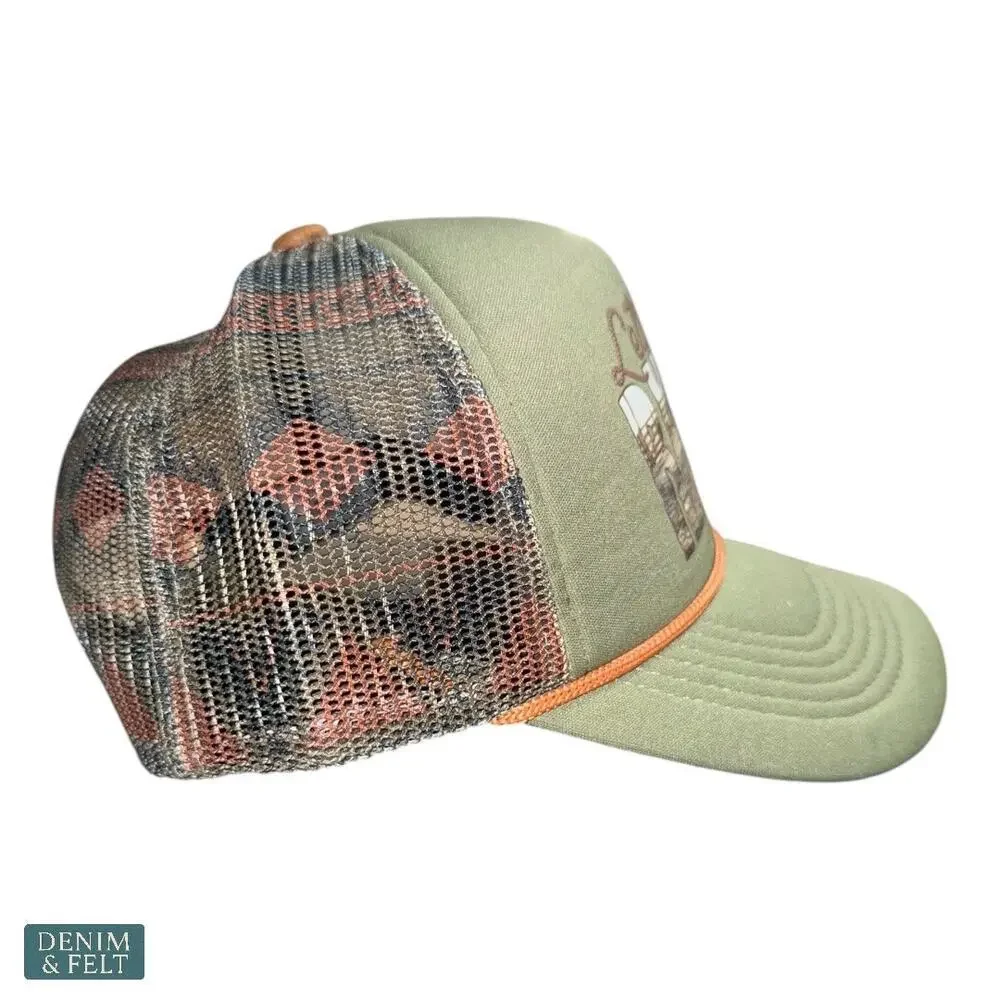 Flying S “Let’s Get Ranchy” Trucker Hat Olive Green Mesh Western Country Cap NEW